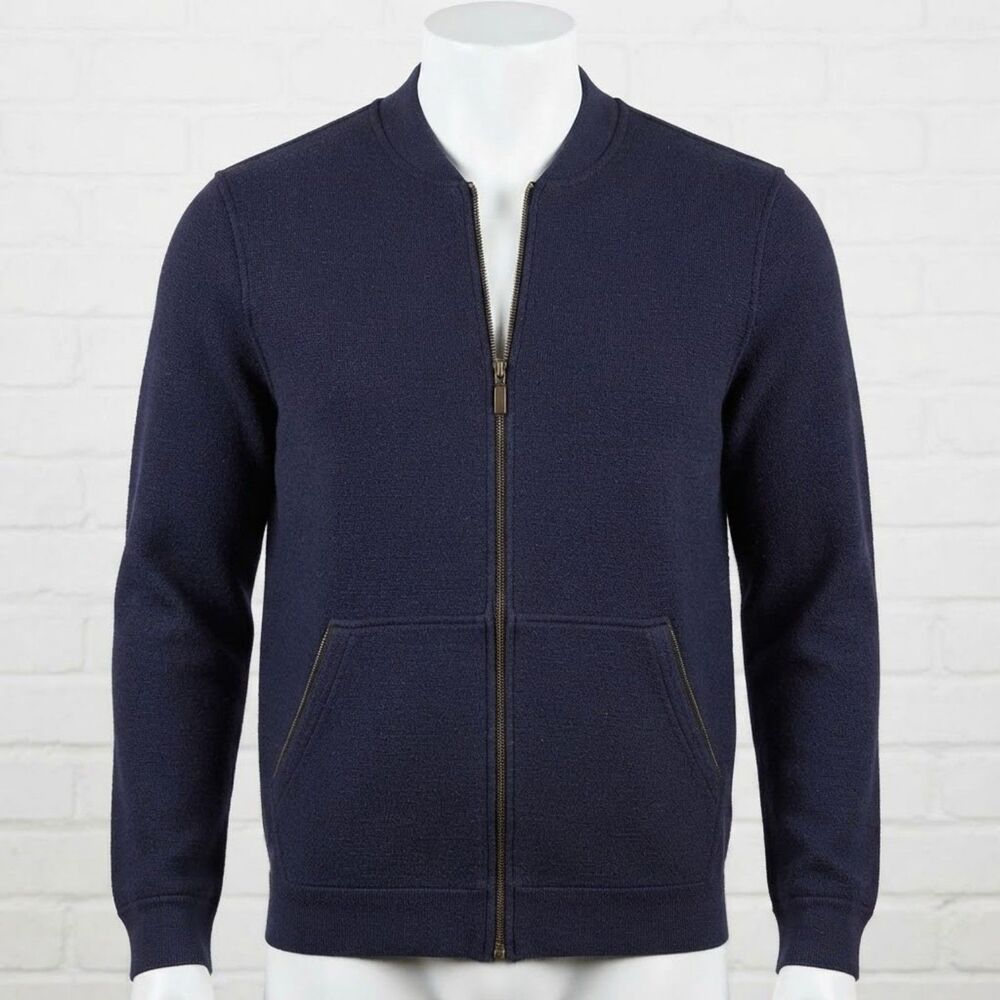 Bloomingdales Full Zip Wool Sweater Mens Small Navy Blue Knit Bomber Jacket